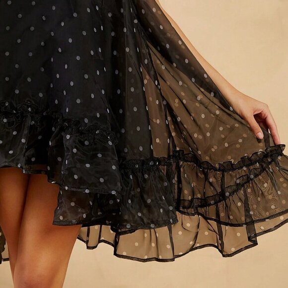 Black Elegant Women's Polka Dot Off Shoulder Dress With Detachable Flower - Picture 6 of 7